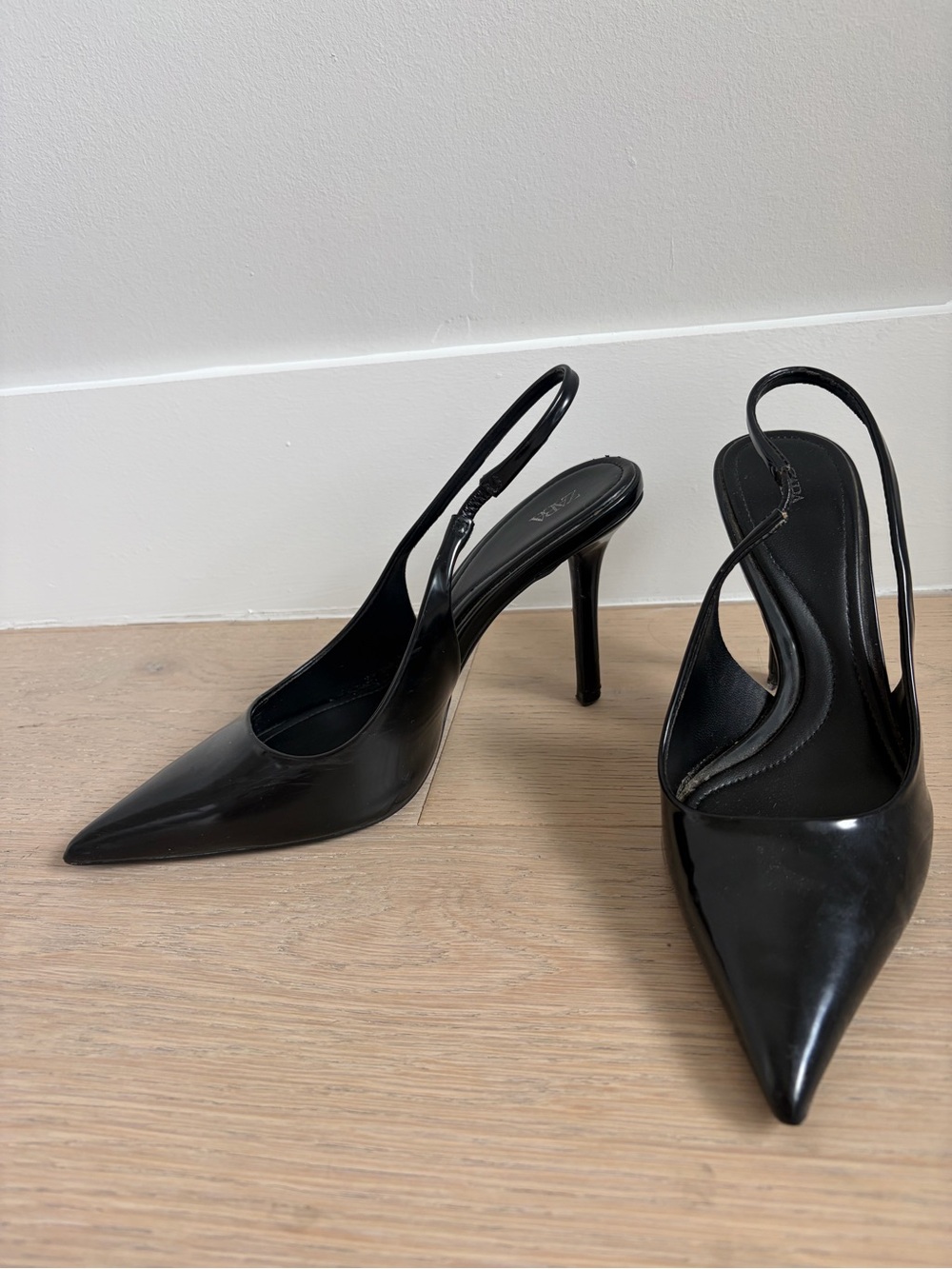 Zara Black Patent Pointed Slingback Heels